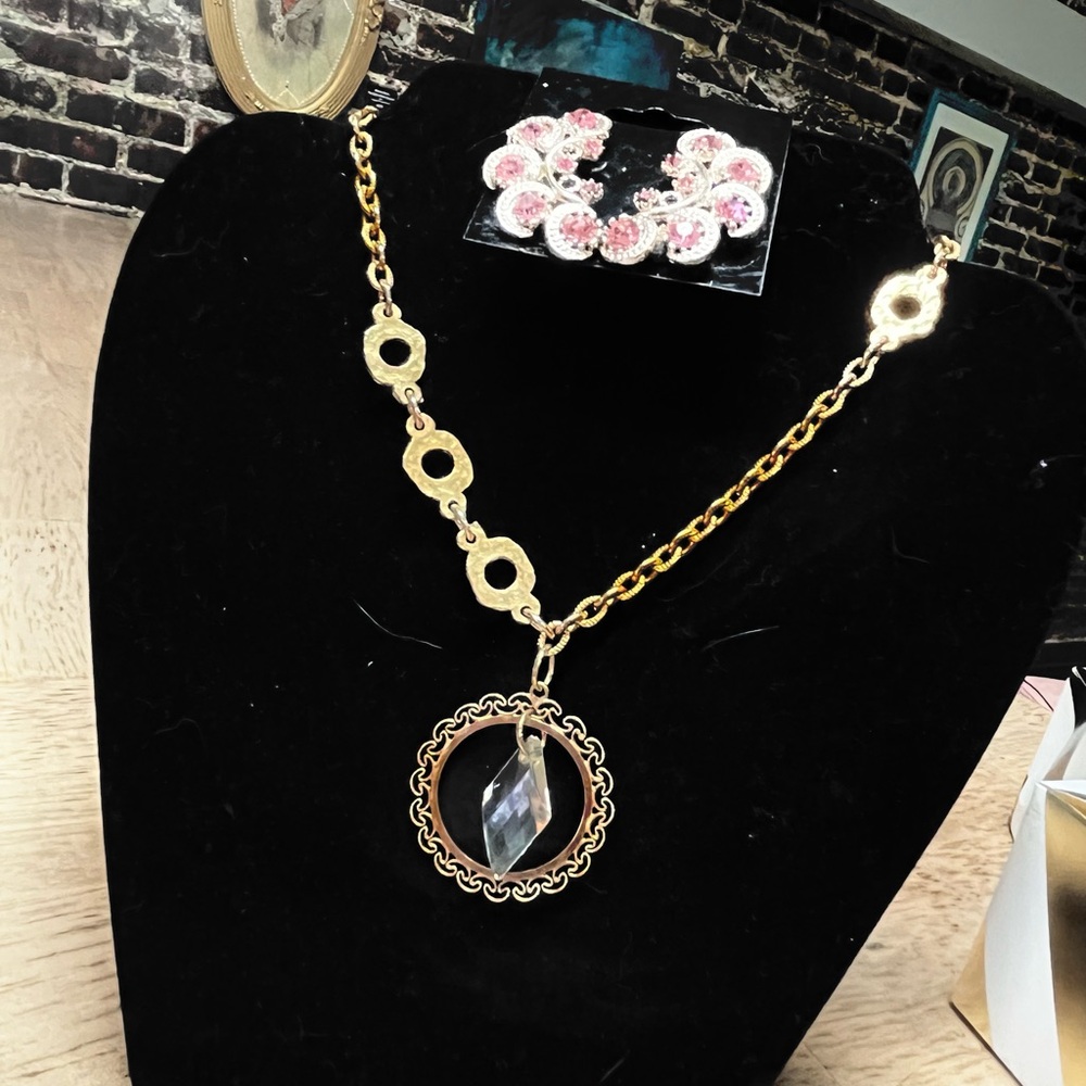 Vintage Gold and Silver Necklace with Delicate Crystal Accents